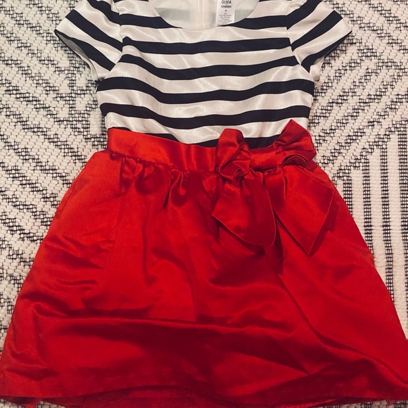 Christmas Holiday Short Sleeve Satin Black White Striped Olivia Dress w Red Bow - Picture 8 of 8